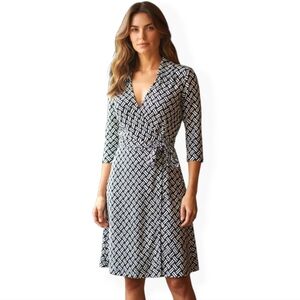 Laundry by Design Black and White Geometric Midi Wrap Dress, Medium